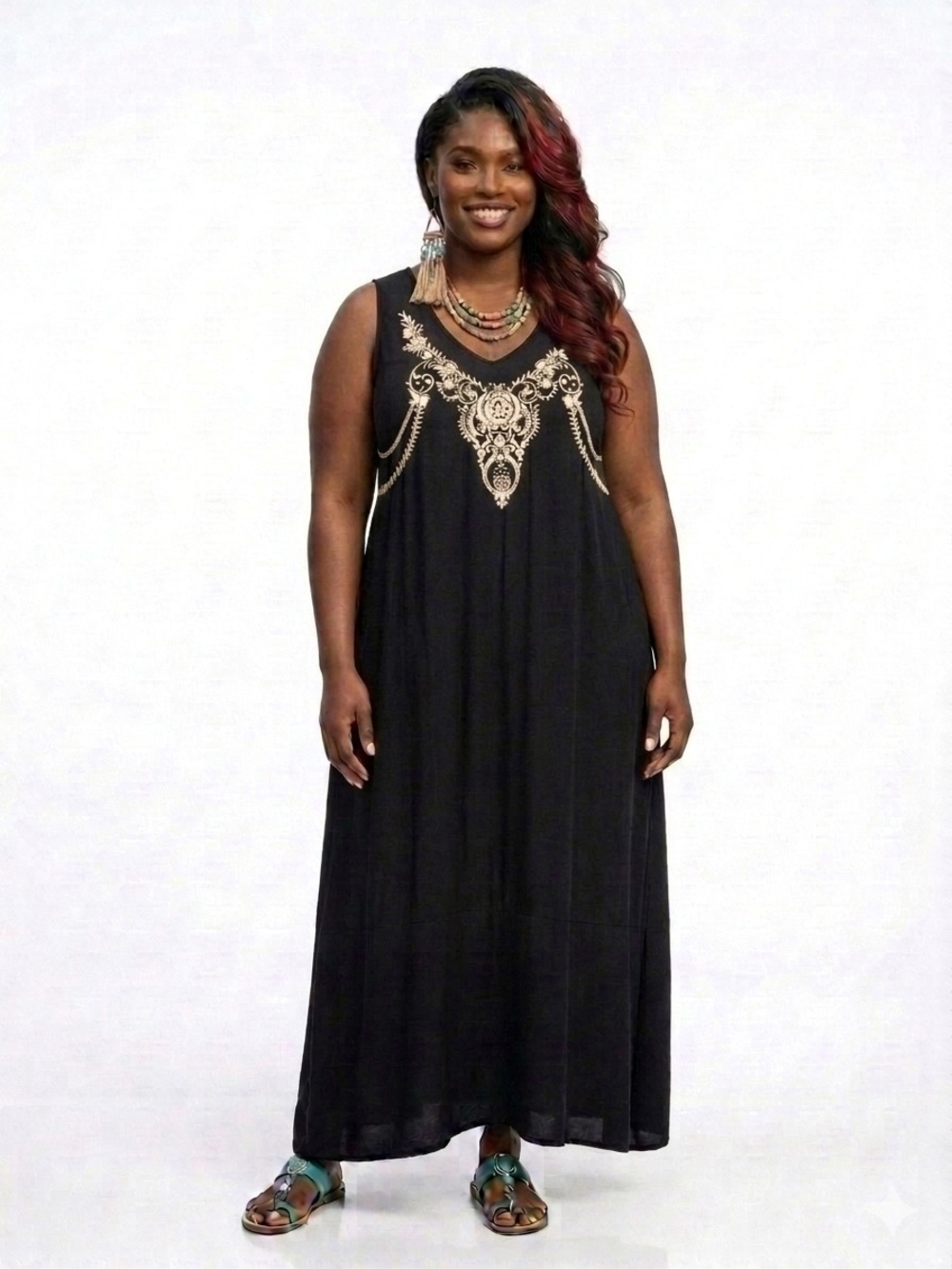 Sleeveless Black Maxi Dress with Gold Embroidered Detail